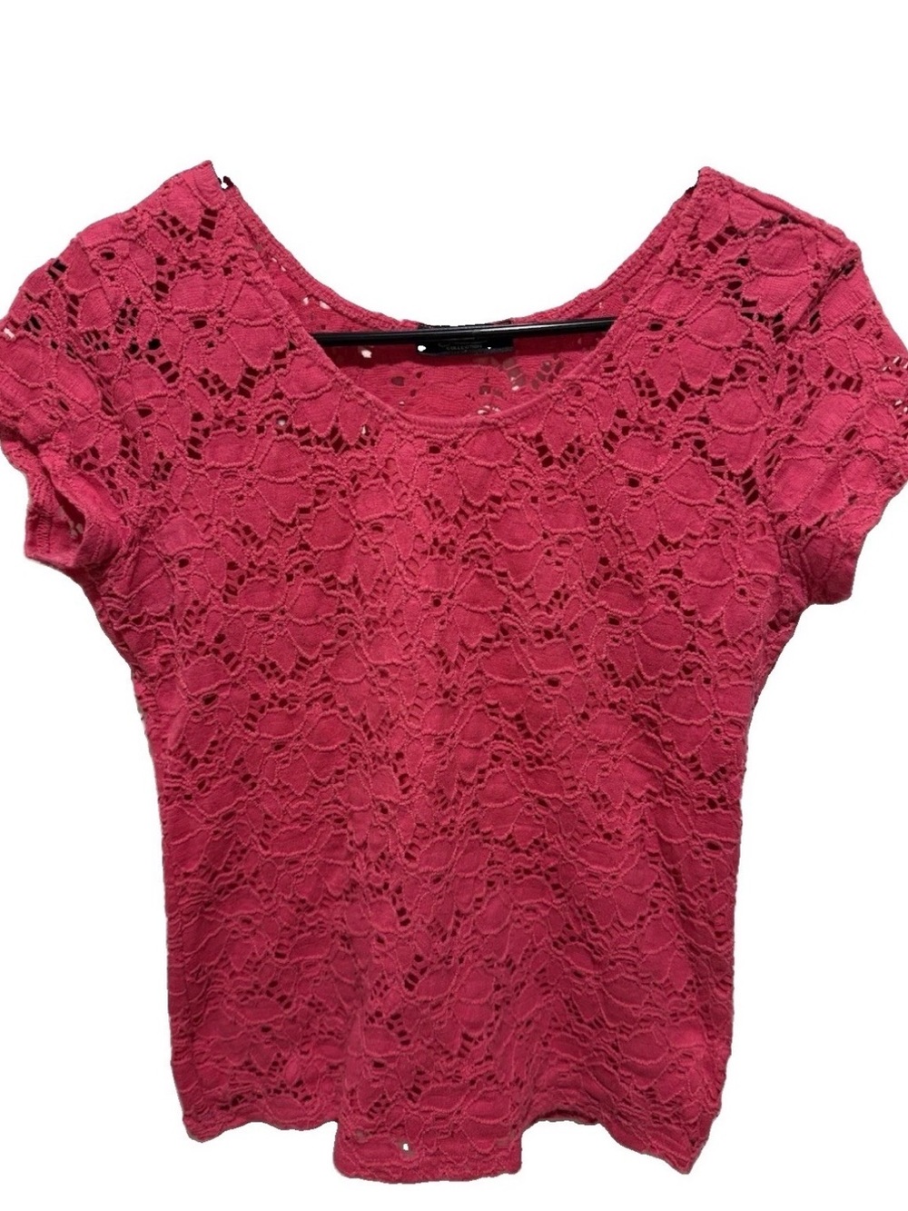 Peck & Peck Women's Fuchsia Hot Pink Floral Lace Top Short Sleeve Scoop Neck S